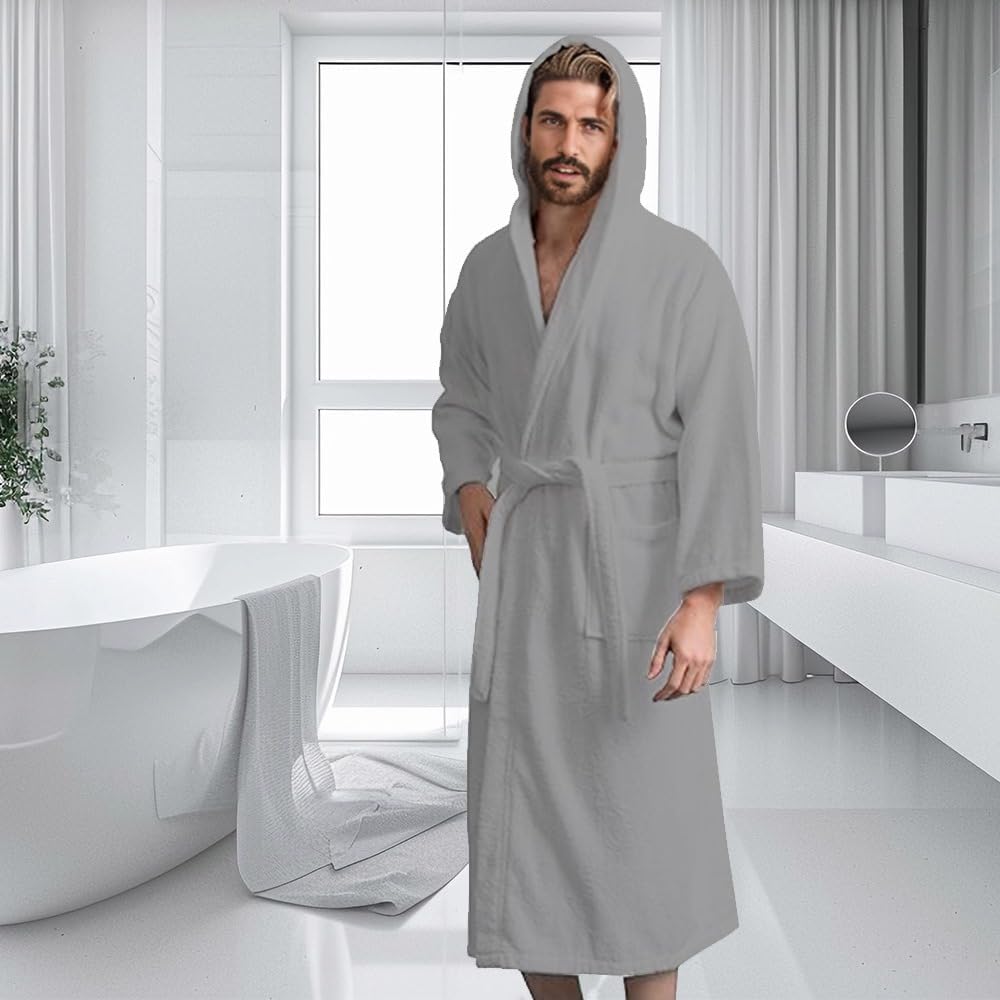 Men’s Hooded Bathrobe, 100% Cotton Terry Bathrobe, Spa Style Bath Robe, Absorbent Shower Robe, Lightweight Towel Bathrobes