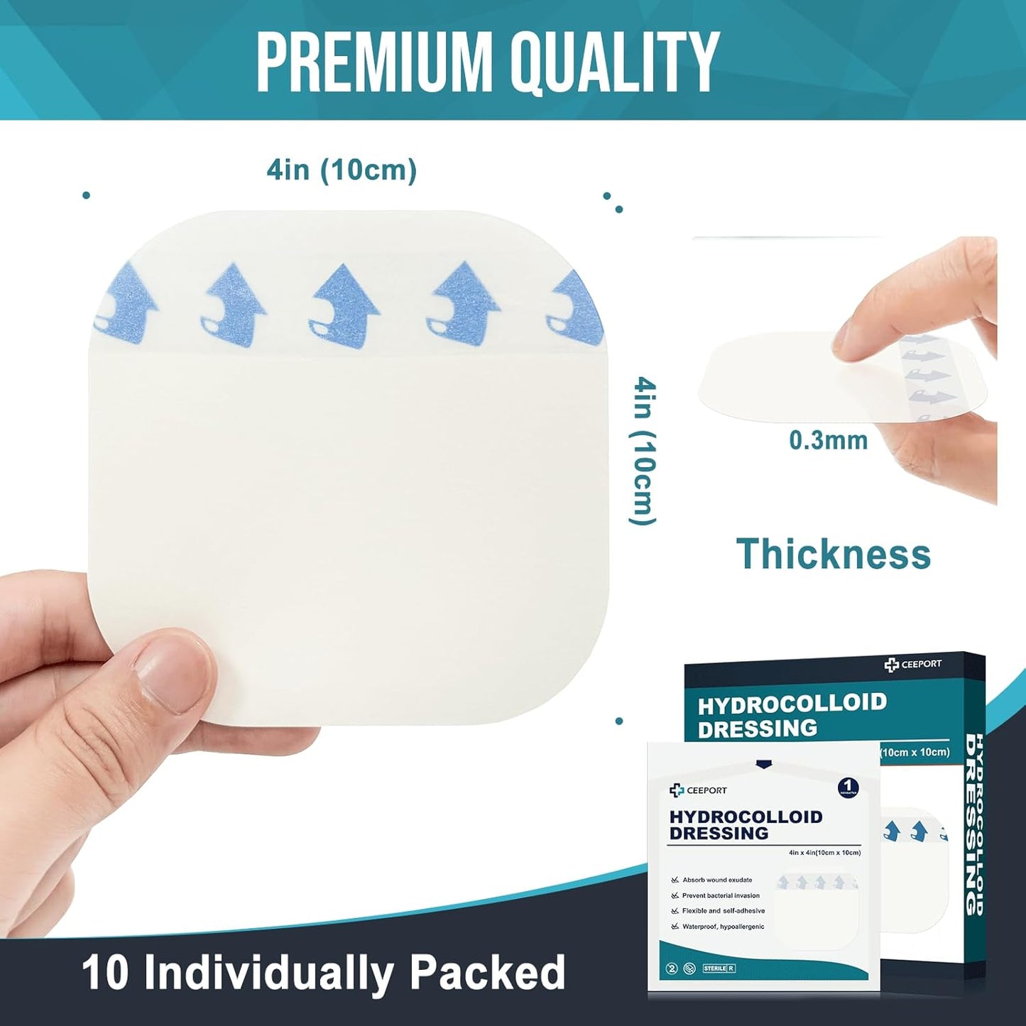 10 Pack Hydrocolloid Wound Dressing, 4" x 4" Ultra Thin Hydrocolloid Bandages with Self-Adhesive, Waterproof Hydrocolloid Patch for Bed Sore, Mild Burn, Blister, Acne Care