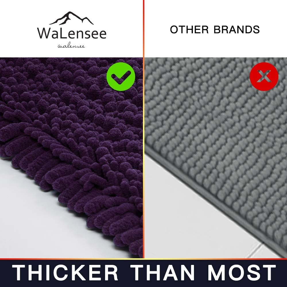 Walensee Bathroom Rug 2 Pieces Set Non Slip Bath Mat (20"x32" Plus 20"x24" U Dark Purple) Water Absorbent Super Soft Shaggy Chenille Machine Washable Dry Extra Thick Perfect Carpet for Shower Floor