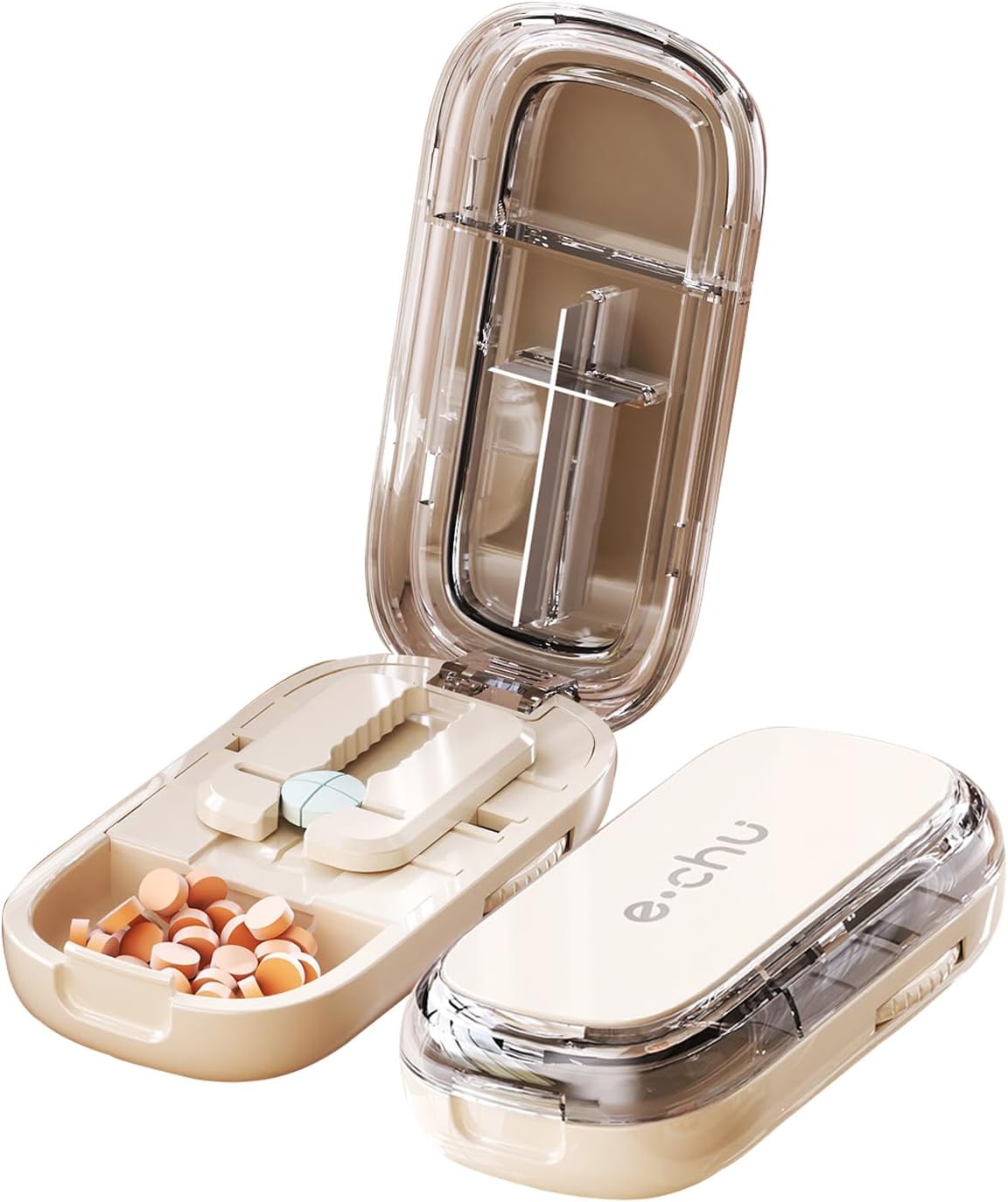 Pill Cutter Splitter for Small and Tiny Pills - Adjustable Pill Splitter with Centering Device for Cutting Multiple Pills, Accurate Alignment and Easy to Use (Beige)