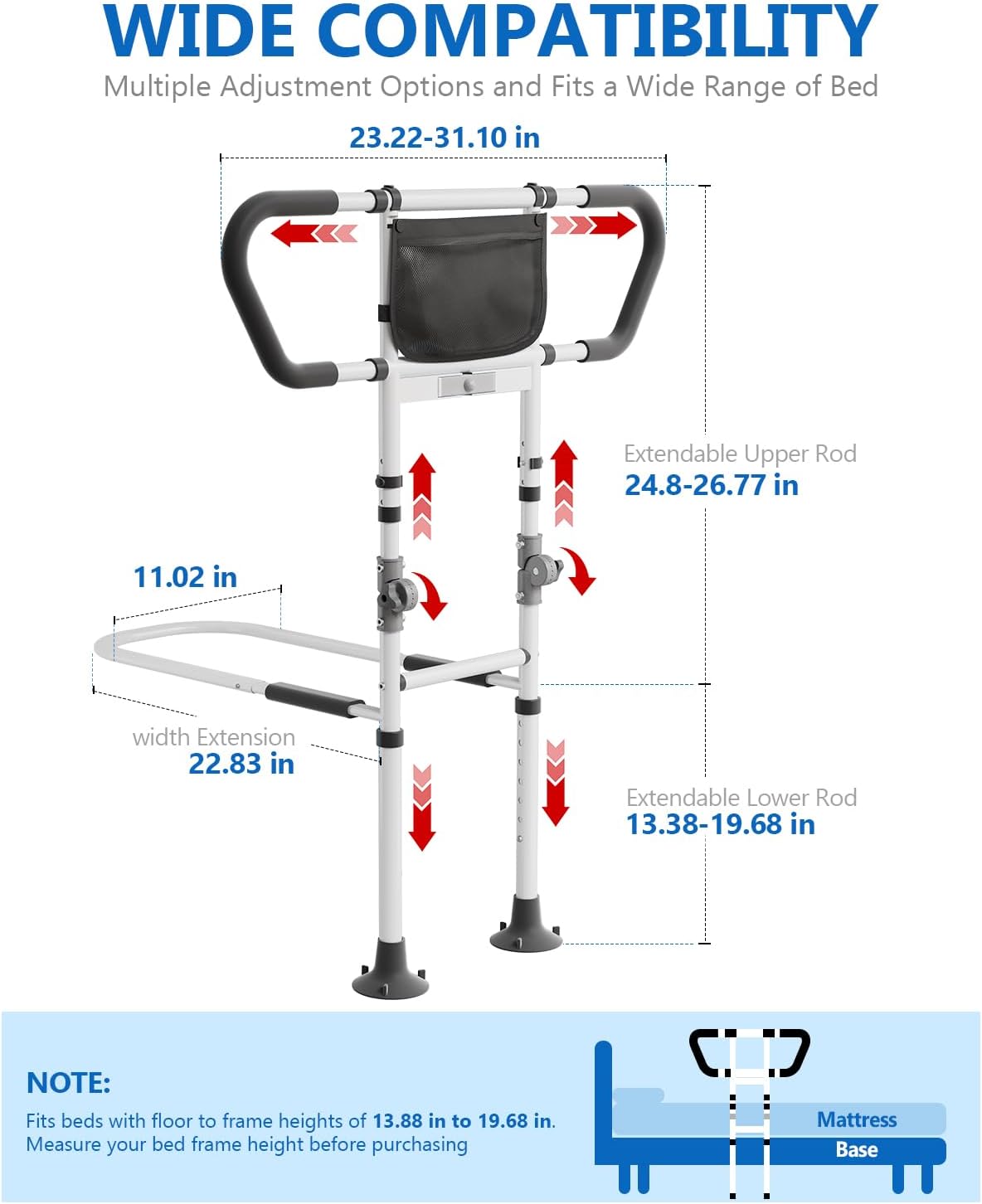 Bed Rails for Elderly Adults Seniors Adjustable Height Foldable Safety Rail with 400 Lbs Capacity Non-Slip Handle, Night Light, Fall Prevention Grab Bar for King Queen Full Twin Beds White