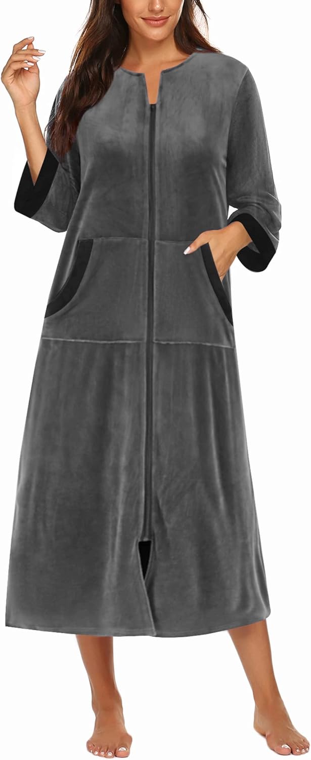 Ekouaer Women Zipper Robe 3/4 Sleeves Loungewear Dress Full Length Sleepwear Pockets Housecoat Nightgown Long Bathrobe