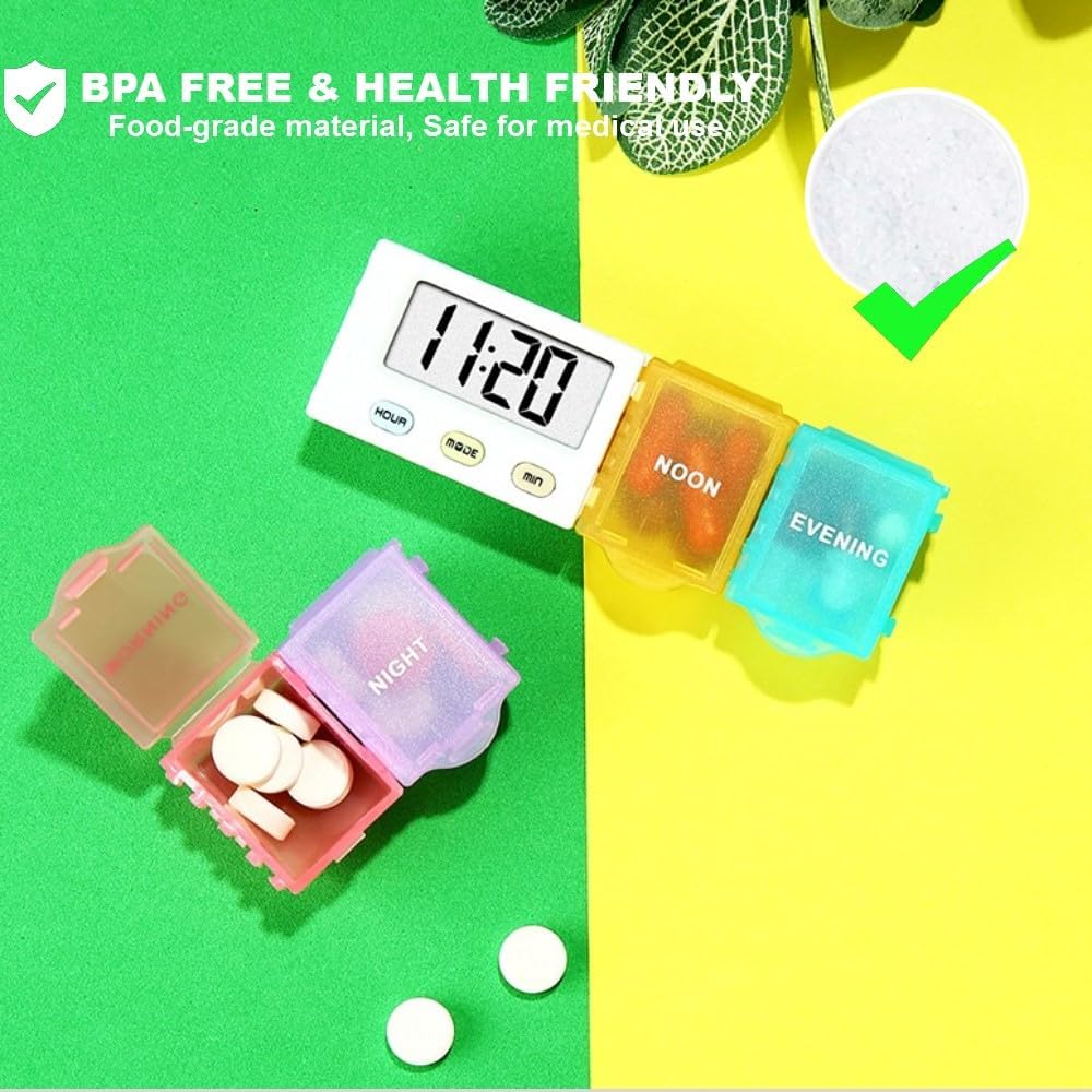 [4 in 1] 1 Day 4 Times Medicine Pill Organizer +5 Alarms + Timer+ Clock, Large Compartments,Loud Sound,Large Screen, Moisture-Proof,Dust-Proof, Travel Daily Pill Box/Organizer/Case/Container/Dispenser