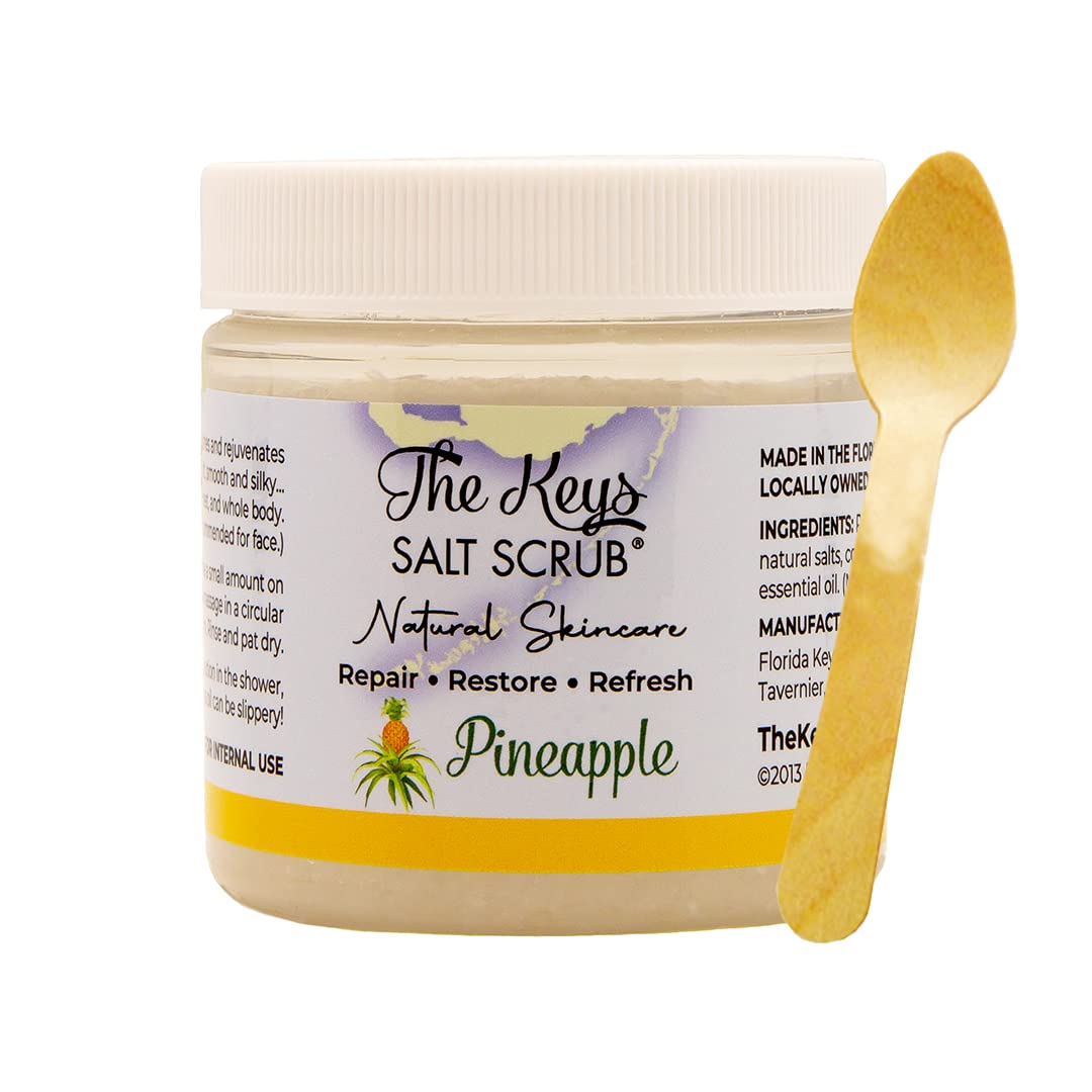 The Keys Salt Scrub -Sea Salt Scrub - Exfoliating Body Scrub with Wooden Spoon - Moisturizing Exfoliator for Hands, Foot, Bath, (3.4 Ounce (Pack of 1), Pineapple)