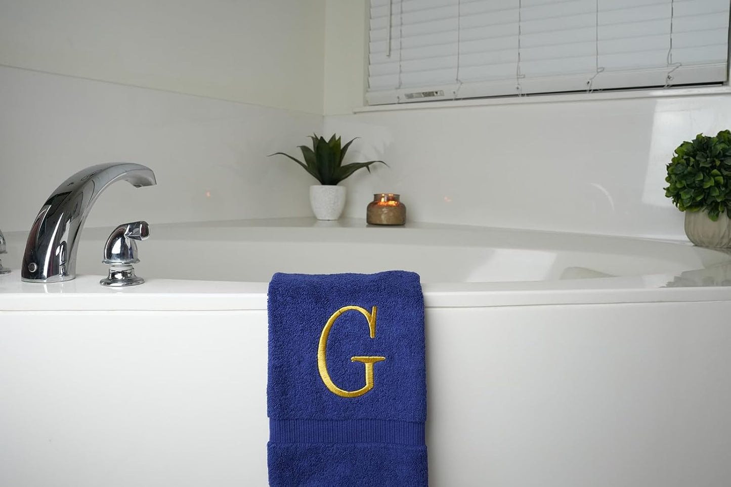 Navy Powder Room Hand Towel - Monogram Initial Hotel Quality Decorative Embroidered Luxury Towel for Spa - GOTS Organic Certified - Set of 2 Gold Letter G