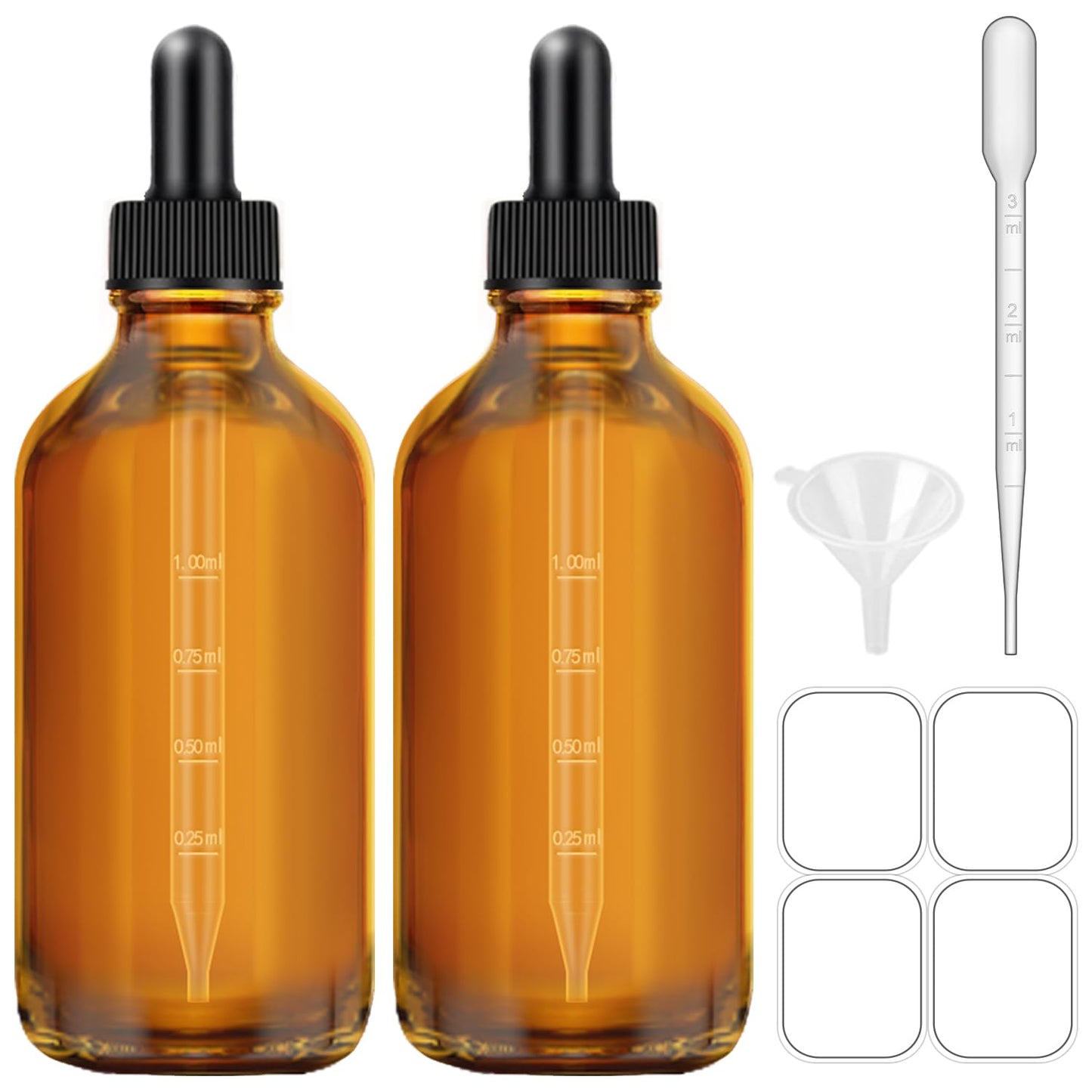 Bumobum 2 Pack 4 oz Amber Dropper Bottles, Tincture Bottles with Dropper, Glass Serum Bottle with Dropper for Essential Oils with Funnel, Labels & Pipette(Unbreakable Plastic Eye Dropper)