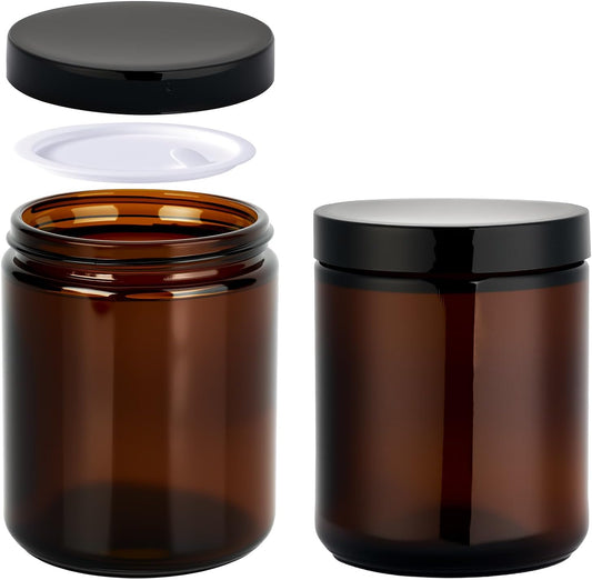 Hoa Kinh 8oz Amber Glass Jars with Lids - 2Pack Empty Airtight Storage Containers for Candle Making, Cosmetic, Spices, Crafts, Food - Refillable, UV Protection, Black Plastic Lid