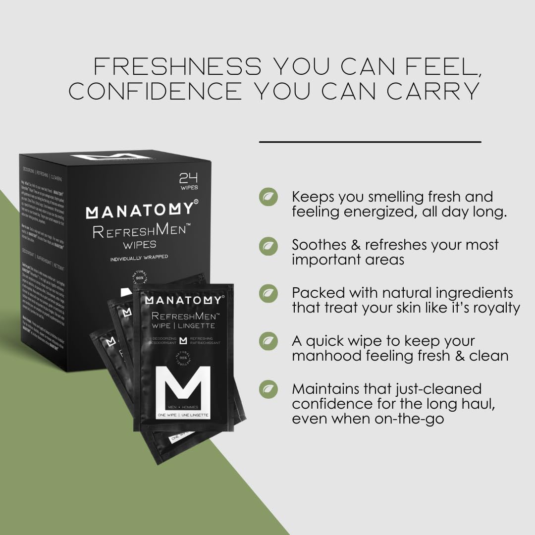 MANATOMY® RefreshMen Hygiene Wipes, On-the-Go Individually Wrapped, Refreshing and Hydrating Body Wipes with Aloe Vera & Chamomile, Extra-Thick & Large, Designed for Men, 24ct