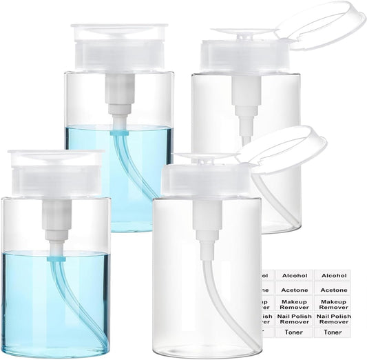 Push Down Pump Dispenser, 5.1oz Clear Pump Bottles with Alcohol, Acetone, Nail Polish Remover, Makeup Remover, Toner Stickers Empty Push Top Container for Liquid (150ml-4Pack)