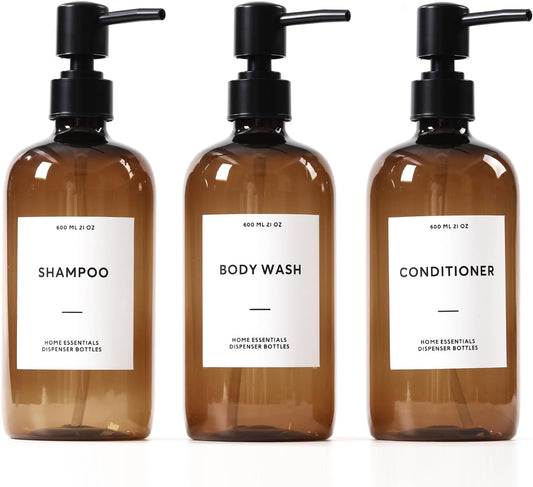 HOMCDALY Shampoo and Conditioner Dispenser, 21oz 3-Pack Refillable Shampoo and Conditioner Bottles, Shower Soap Bottles with Pump and Labels, Bathroom Shower Dispenser（21oz-Brown）