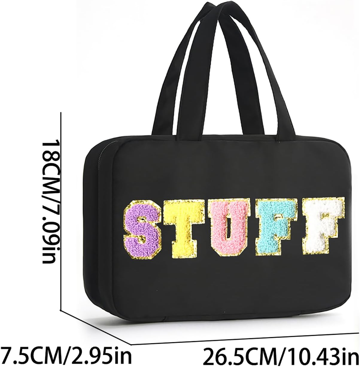 Toiletry Bag for Women Chenille Letter Makeup Bag Water-resistant Cosmetic Bag Travel Bag with Hanging Hook Preppy for Store Toiletries Cosmetic Accessories Large Capacity Black