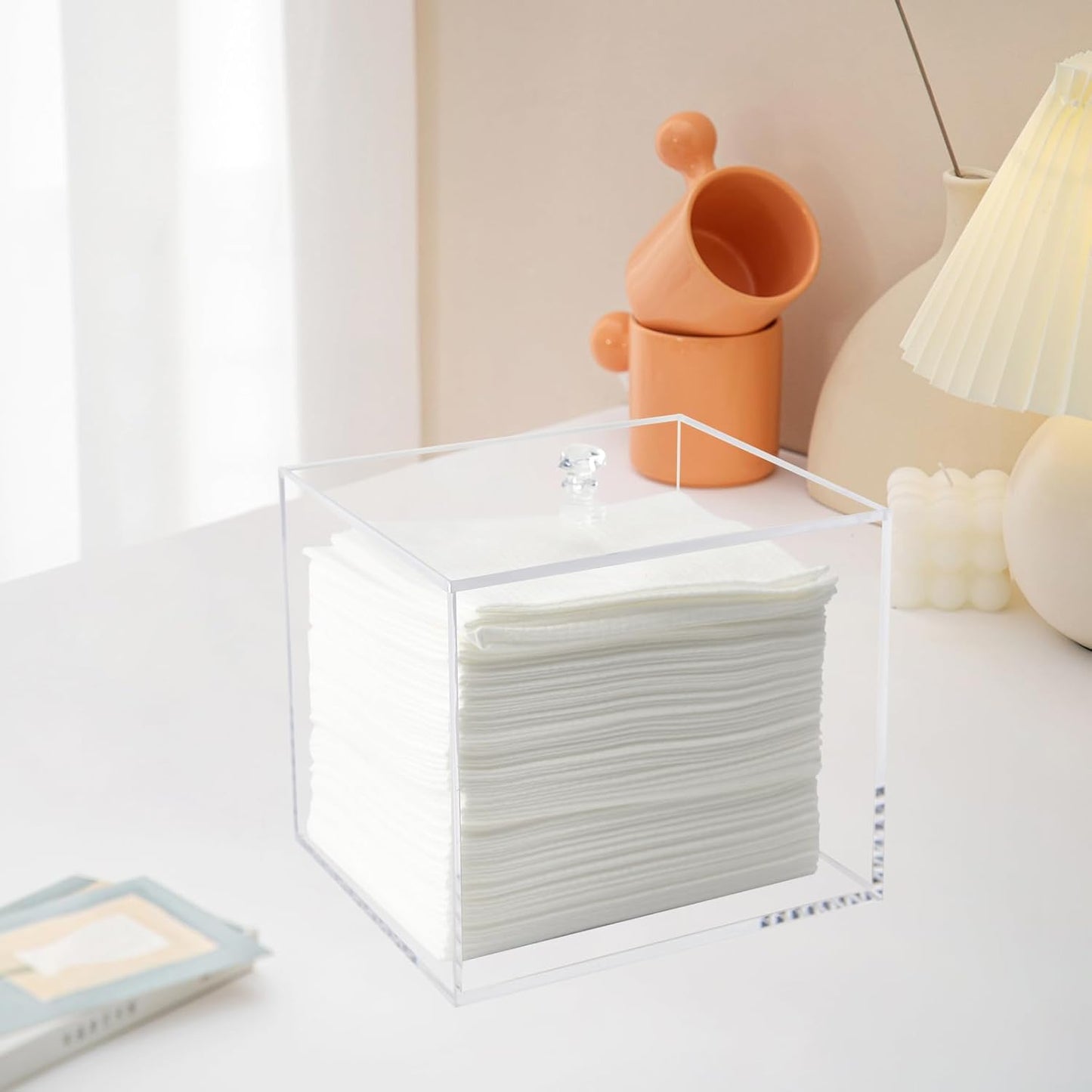 Weiai Face Towel Box, Acrylic Facial Disposable Towelettes Holder Container for XL Face Towels and Protects from Dust, Clear