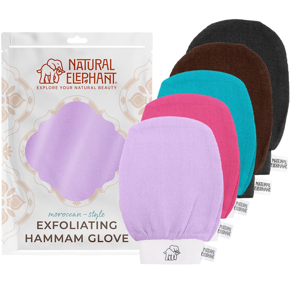 Natural Elephant Exfoliating Hammam Glove - Face and Body Exfoliator Mitt 5 and 10 Packs (1 Black, 1 Brown, 1 Lilac, 1 Teal, 1 Pink (Pack of 5))