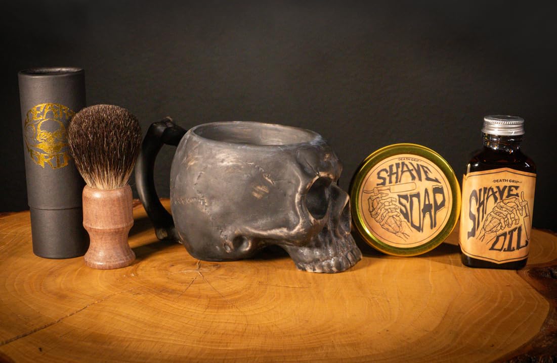 Shaving Kit for Men – Traditional Wet Shave Set with 4oz Shaving Soap, 3oz Tea Tree Oil, Badger Brush & Skull Bowl – For Use with Safety Razor or Straight Razor – Barber Grooming Gift by Death Grip