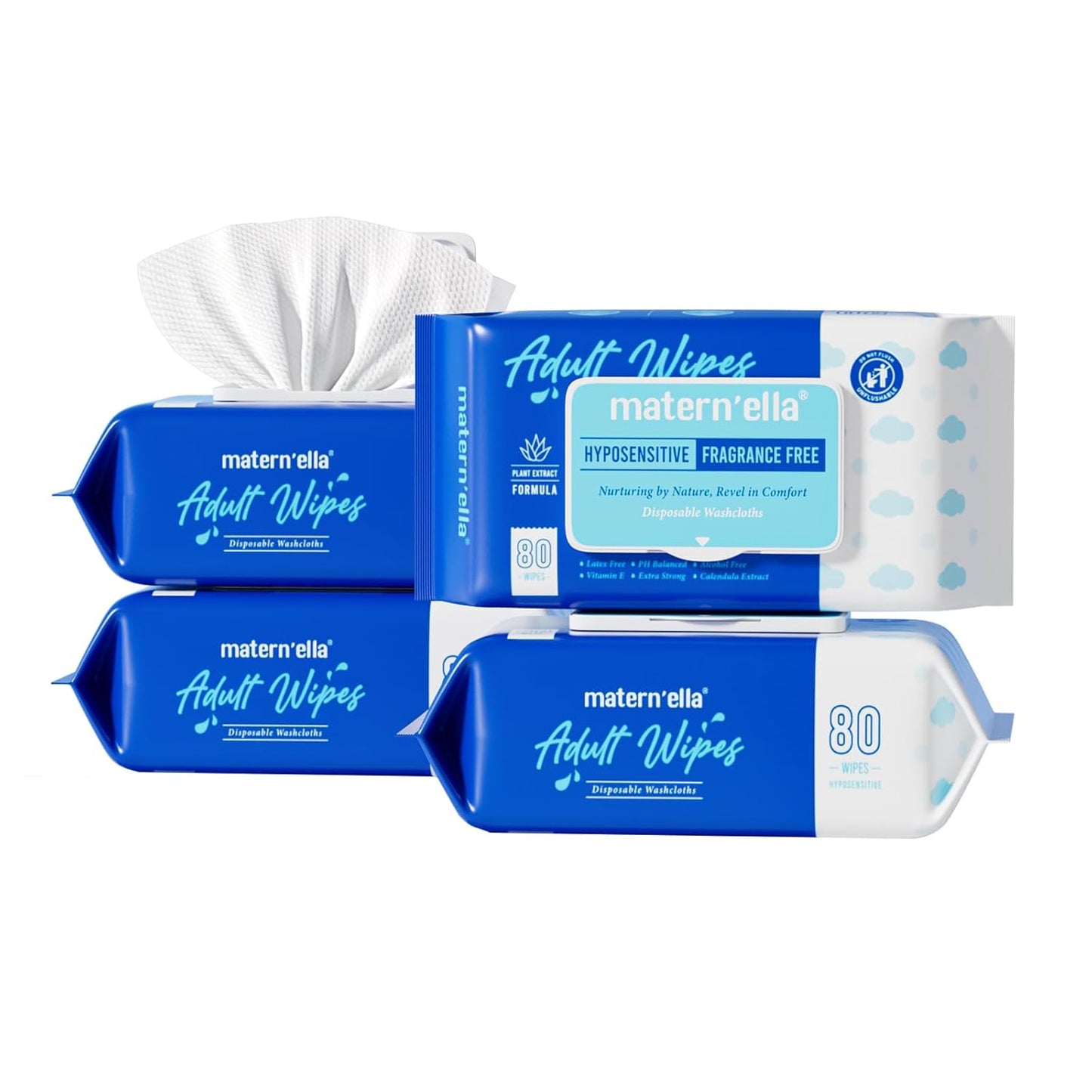 MATERN'ELLA Adult Wet Wipes, Cleansing Wash Cloths for Elderly Care, 99% Pure Water for Incontinence, Personal Bath, Alcohol-Free, 4 Flip-Top Packs(320 Wipes Total)