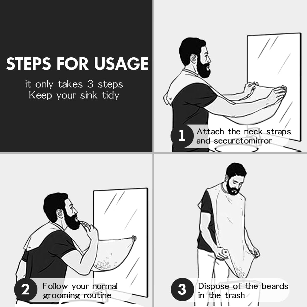 Beard Bib Apron, Trimming Catcher Bib for Shaving & Hair Clippings, Father's Day Gift Men's Waterproof Non-Stick Beard Cape Grooming Cloth, with 2 Suction Cups - Black