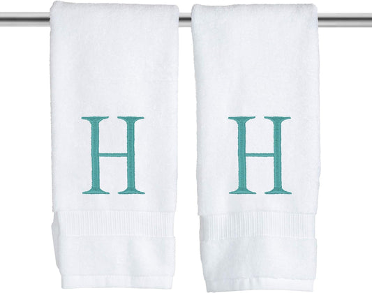 White and Teal Monogrammed Hand Towel - Monogram Initial Hotel Quality Decorative Embroidered Luxury Towel for Powder Room, Spa - GOTS Organic Certified - Set of 2 Letter H