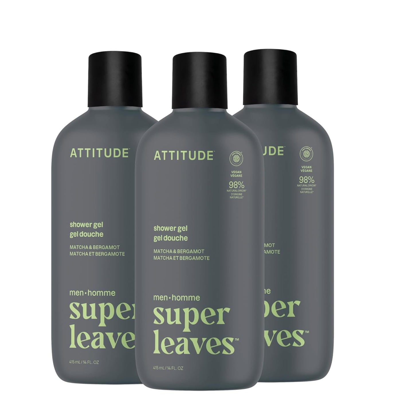 ATTITUDE Shower Gel Body Wash for Men, 98% Natural Origin Ingredients, Paraben & Phthalate Free, EWG Verified, Cleanses Without Drying, Matcha & Bergamot, 14 Fl Oz (Pack of 3)