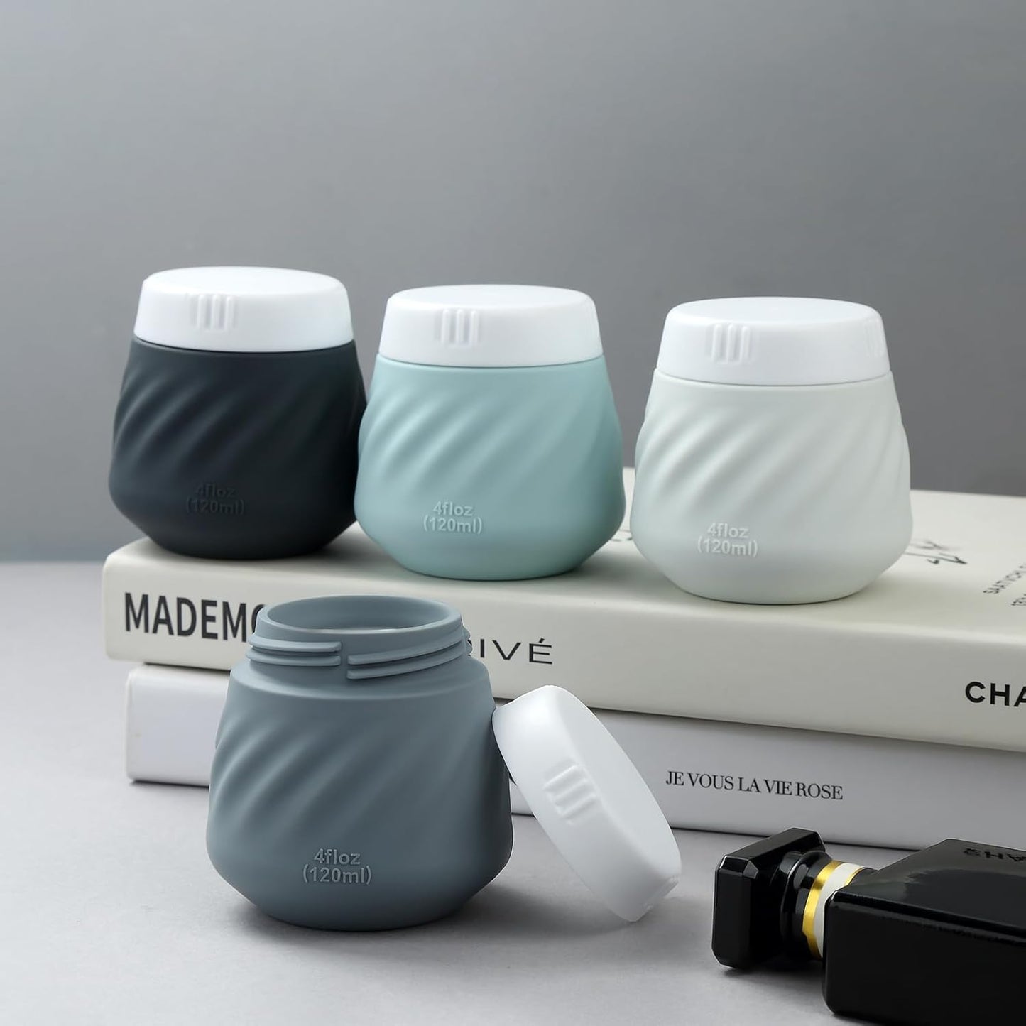 Gemice 4 OZ Travel Size Containers for Toiletries, 4-Pack Leak-Proof Silicone Slime Jars with Lids, BPA Free Small Round Cosmetic Slime Container for Lotion, Cream, Ointments, Travel Essentials