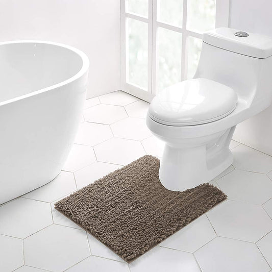 Walensee Bathroom Contour Rug Non Slip Toilet U Shaped Bath Mat (20x24, Taupe) Water Absorbent Super Soft Shaggy Chenille Machine Washable Dry Extra Thick Perfect Absorbant Best Plush Carpet