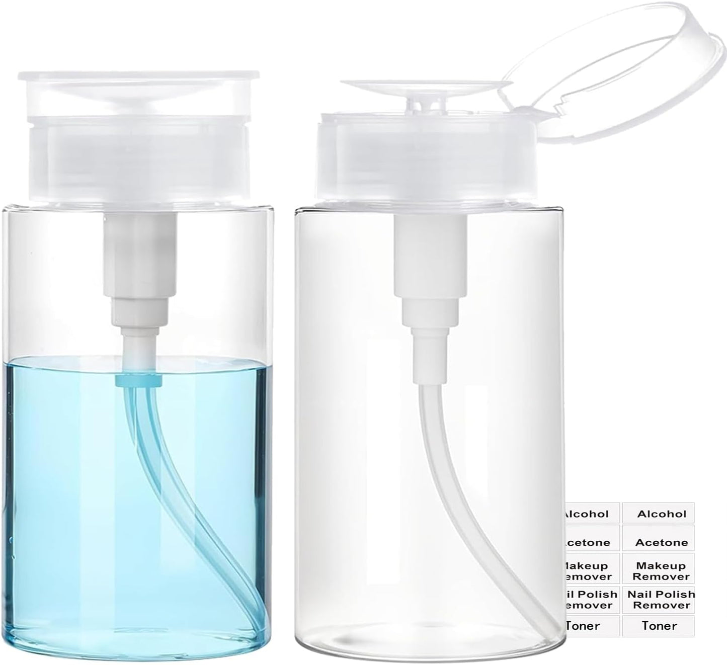 Push Down Pump Dispenser, 6.8oz Clear Pump Bottles with Alcohol, Acetone, Nail Polish Remover, Makeup Remover, Toner Stickers Empty Push Top Container for Liquid (200ml-2Pack)