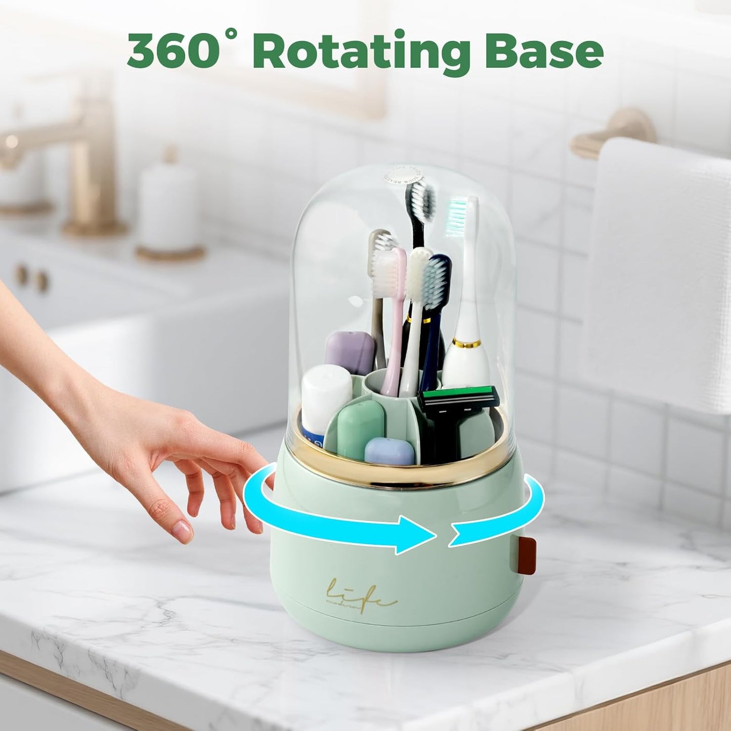 Toothbrush Holders for Bathrooms, Rotating 7 Slots Toothbrush Holder with Cover, Kids Electric Toothbrush and Toothpaste Holders for Caddy for Bathroom Vanity, Sink, Countertop, Light Green