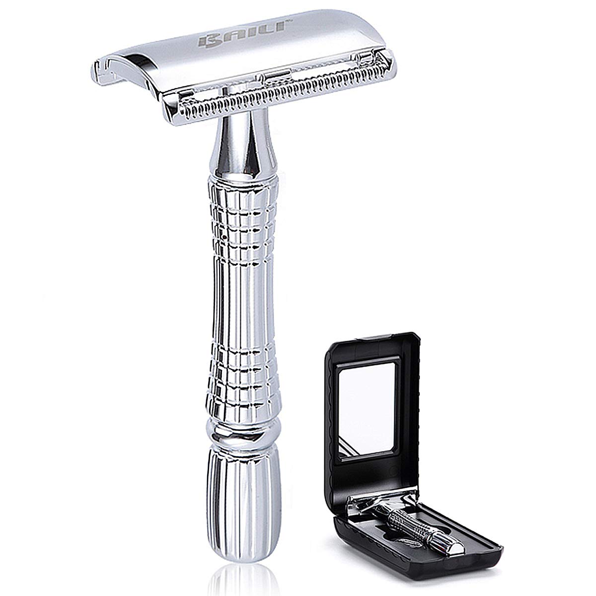 BAILI Classic 3-Piece Double Edge Safety Razor Wet Shaving for Men Women with Platinum Blade and Mirrored Travel Case BD176