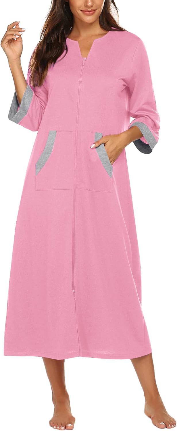 Ekouaer Women Zipper Robe 3/4 Sleeves Loungewear Dress Full Length Sleepwear Pockets Housecoat Nightgown Long Bathrobe