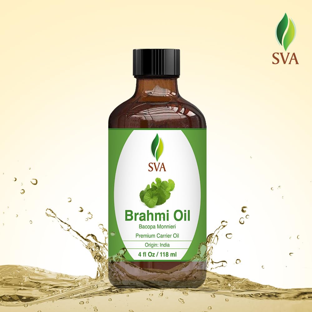 SVA Brahmi Oil - 4 Fl Oz – 100% Natural Cold Pressed Brahmi Oil - for Face, Skin Care, Hair Care, Scalp Massage & Body Massage – Carrier Oil with Dropper