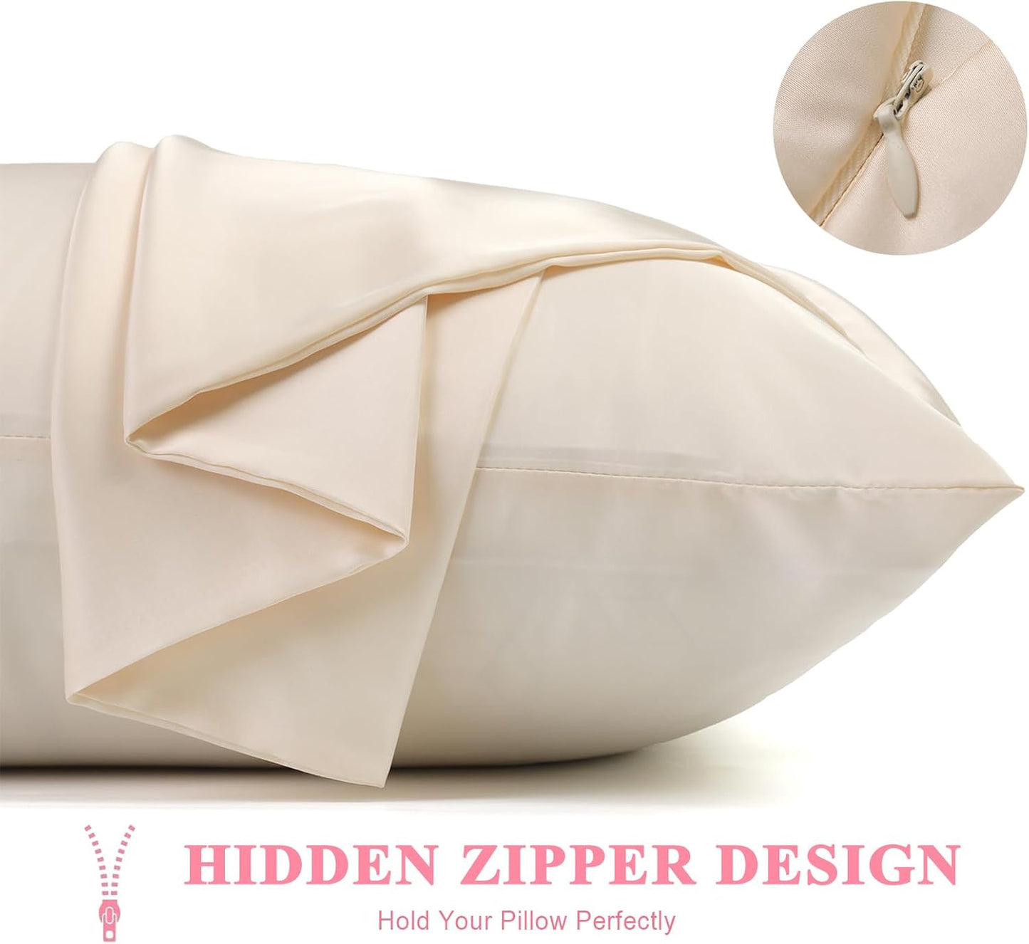 100% Silk Pillowcase 2 Pack for Hair and Skin, Both Sides 23 Momme Grade 6A+ Mulberry Silk Pillowcases with Hidden Zipper, Soft&Smooth Cooling Pillow Cases (Beige, Queen 20×30)