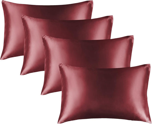 BEDELITE Satin Pillowcase for Hair and Skin, Super Soft Similar to Silk Pillow Cases 4 Pack with Envelope Closure, Cooling Pillowcases for Women Men (20"x36" King Size, Burgundy)