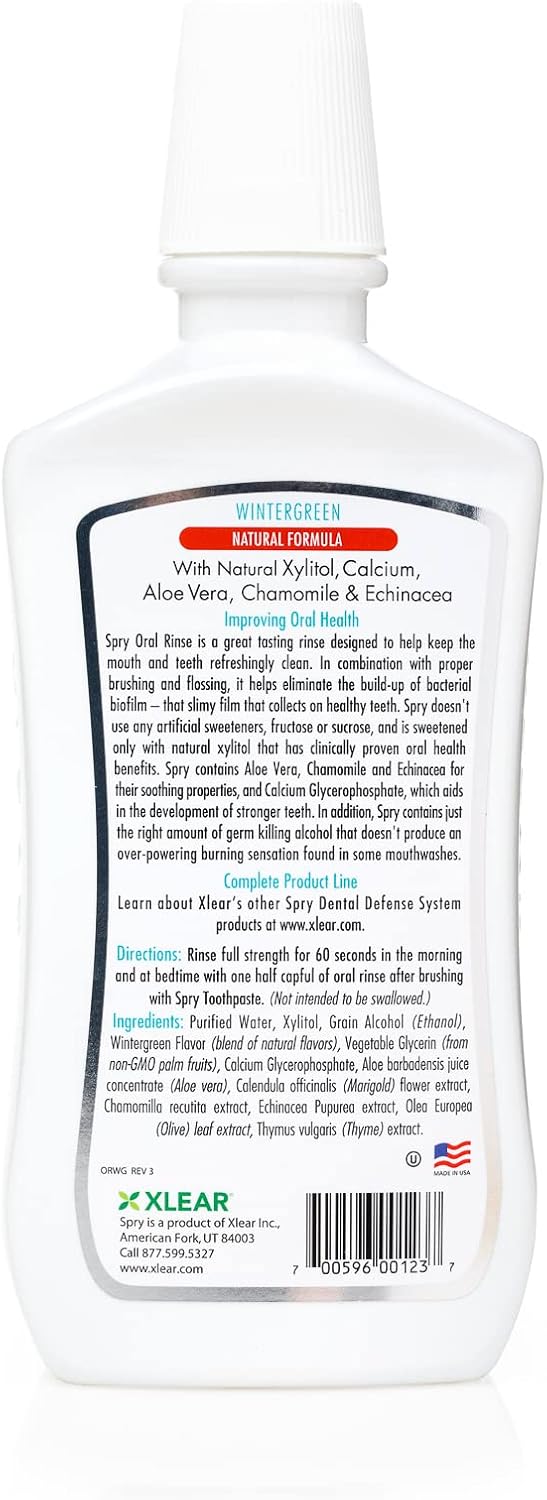 Spry Natural Xylitol Mouthwash Fluoride Free with Enamel Support, Gentle Alcohol Oral Rinse, Non-GMO, Wintergreen - 16 fl oz (Pack of 1)