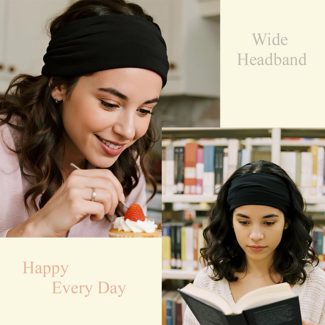 Wide Boho Headbands for Women Fashion Knotted Headband Yoga Workout Hair Accessories African Head Wrap Black 4 Pack