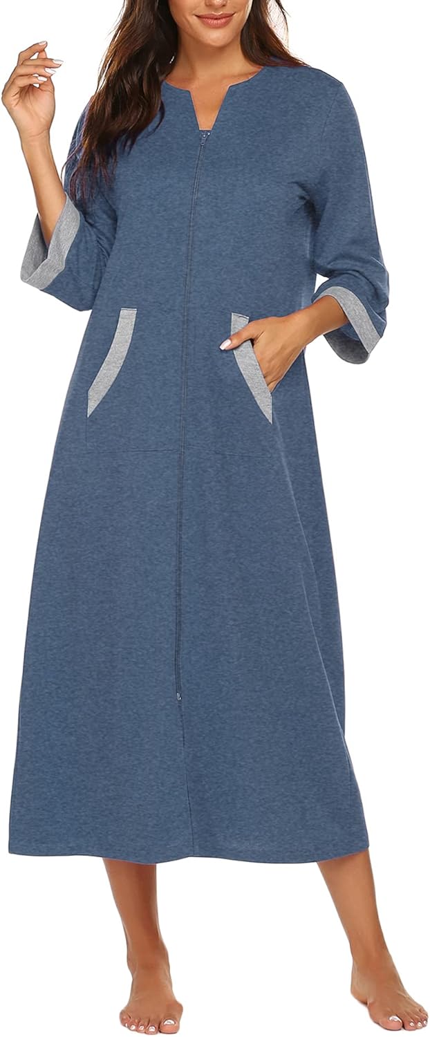 Ekouaer Women Zipper Robe 3/4 Sleeves Loungewear Dress Full Length Sleepwear Pockets Housecoat Nightgown Long Bathrobe