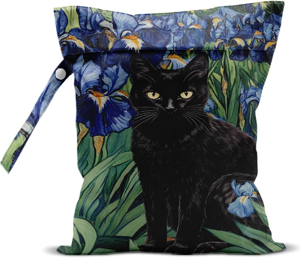 Cat Wet Bags 12x10 Inch, Blue Floral Waterproof Reusable Wet Dry Bags, Flowers Washable Travel Laundry Bag for Swimsuit Pool Beach Diapers Dirty Yoga Gym Clothes, Cat Gifts for Women Friend Travelers