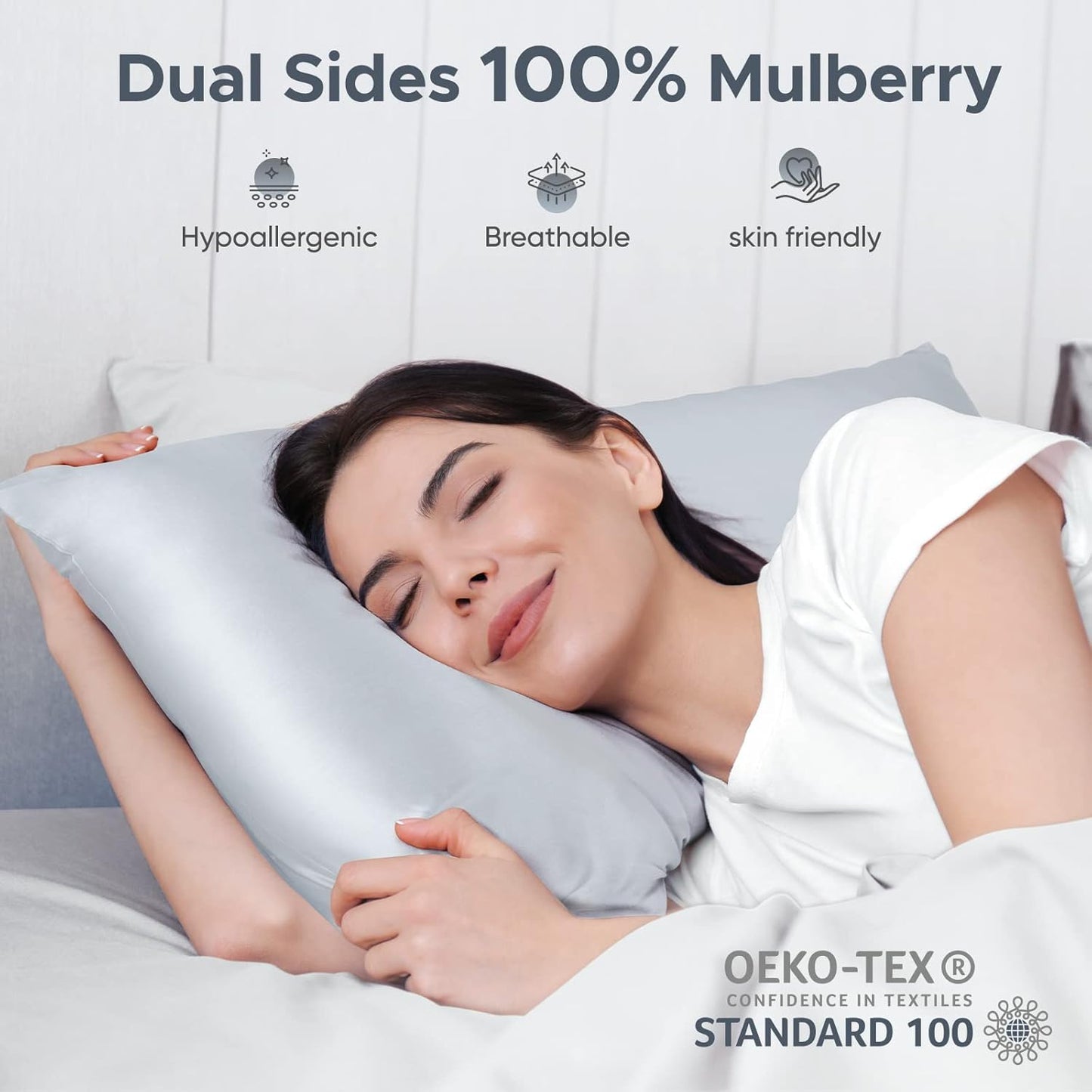 100% Pure Mulberry Silk Pillowcase for Hair and Skin - Allergen Resistant Dual Sides,600 Thread Count Silk Bed Pillow Cases with Hidden Zipper,1pc,Standard Size,Gray