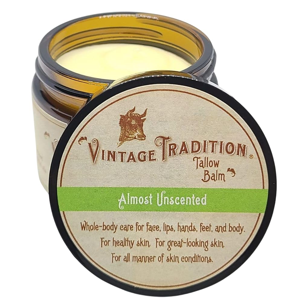 Vintage Tradition Beef Tallow All Purpose Balm - Healing, Hydrating Mild Scent Skin Care Salve Replaces Body Lotion, Hand Cream, More - Essential Oil, Olive Oil, and Grass-Fed Tallow, 2 fl. oz.