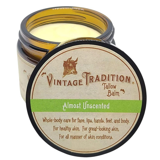 Vintage Tradition Beef Tallow All Purpose Balm - Healing, Hydrating Mild Scent Skin Care Salve Replaces Body Lotion, Hand Cream, More - Essential Oil, Olive Oil, and Grass-Fed Tallow, 2 fl. oz.