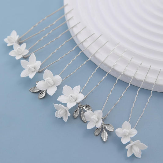 Handmade Bridal Wedding Hair Pins 7 Pcs Polymer Clay White Flower Hair Clips Silver Wedding Hair Accessories for Women Bride Bridesmaid