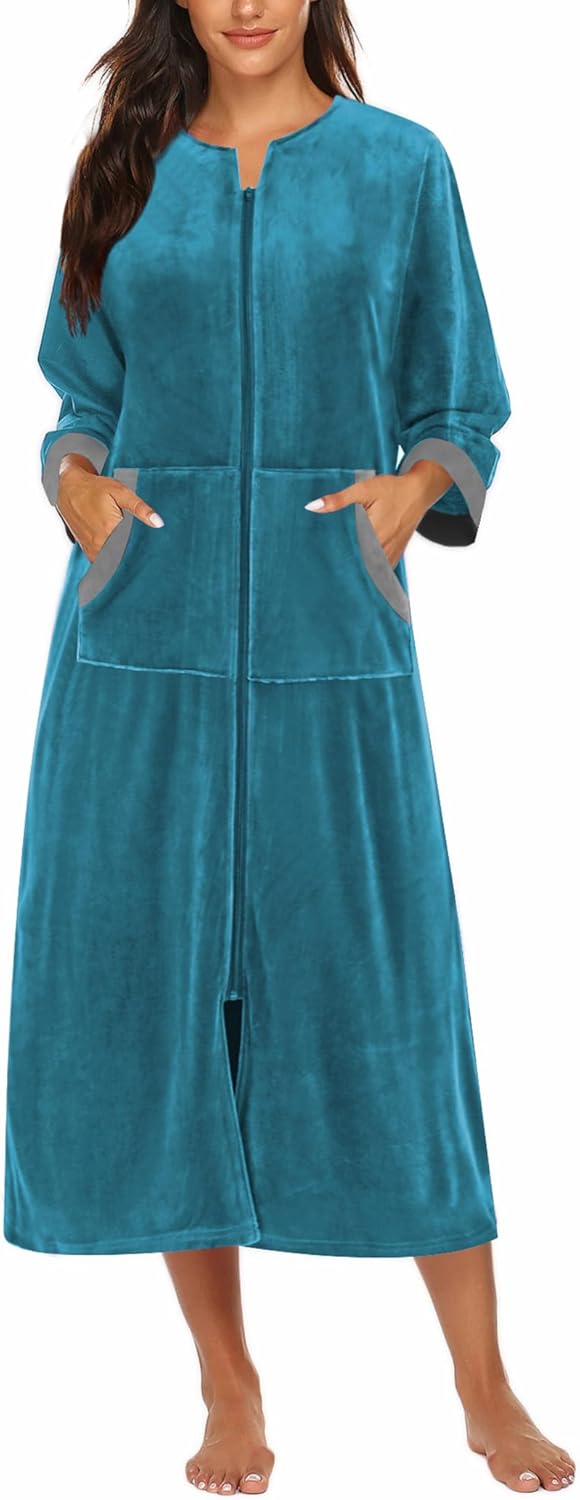 Ekouaer Women Zipper Robe 3/4 Sleeves Loungewear Dress Full Length Sleepwear Pockets Housecoat Nightgown Long Bathrobe