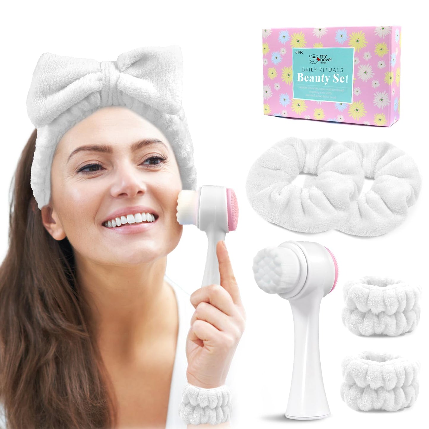 Spa Headband for Washing Face, Skincare headband and wristband set, Facial Cleansing Brush, 2-in-1 Skin Care face Brush, Come with a Hair Scrunchie, For Massaging Makeup Skincare-White