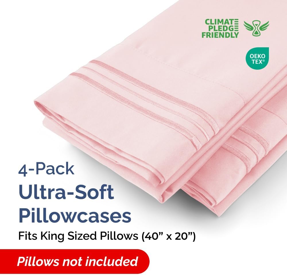 King Pillow Cases Set of 4 - Ultra Soft Hotel Quality Pillowcase Covers - Comfy, Cozy & Wrinkle Free - Shrinkage, Stain & Fade Resistant - Machine Washable Pillow Protectors - 4 Piece Set - Baby Pink
