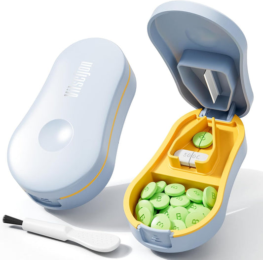 Pill Cutter for Small and Tiny Pills - Pill Splitter with Detachable Silicone Pad - Easy Open Snap Button. Wrap-Around Blade Guard Prevents Cuts. Back Storage (Blue)