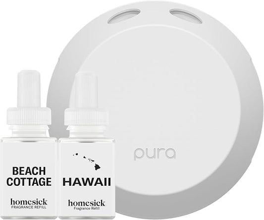 Pura Smart Home Fragrance Device Starter Set - Pura 4 - Scent Diffuser for Home - Includes Fragrance Aroma Diffuser - Square Box, Beach Cottage and Hawaii Scent Refills