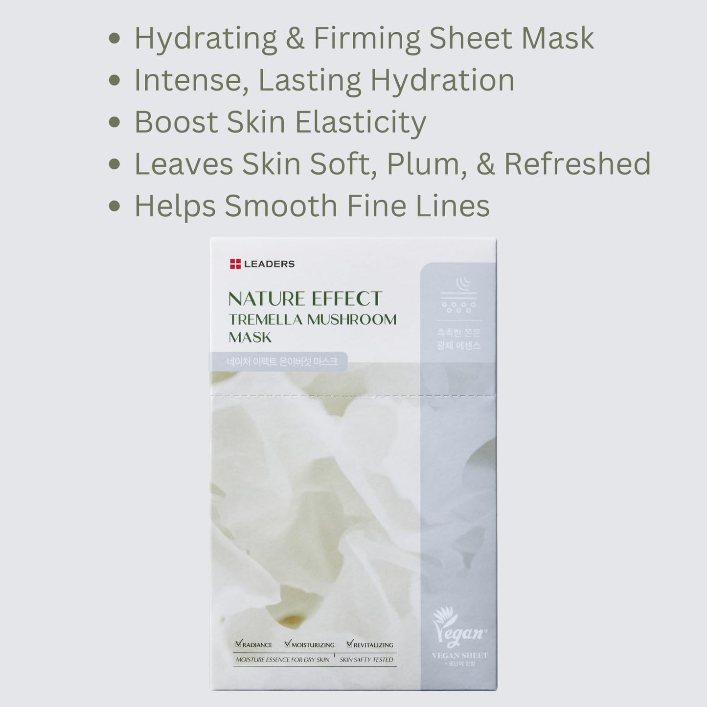 LEADERS Nature Effect Tremella Mushroom Mask - Hydrating & Elasticity Boosting Face Mask with Vegan Collagen, Moisturizing and Heals Dry Skin with Serum Content, Vegan Certified - 10 Sheets