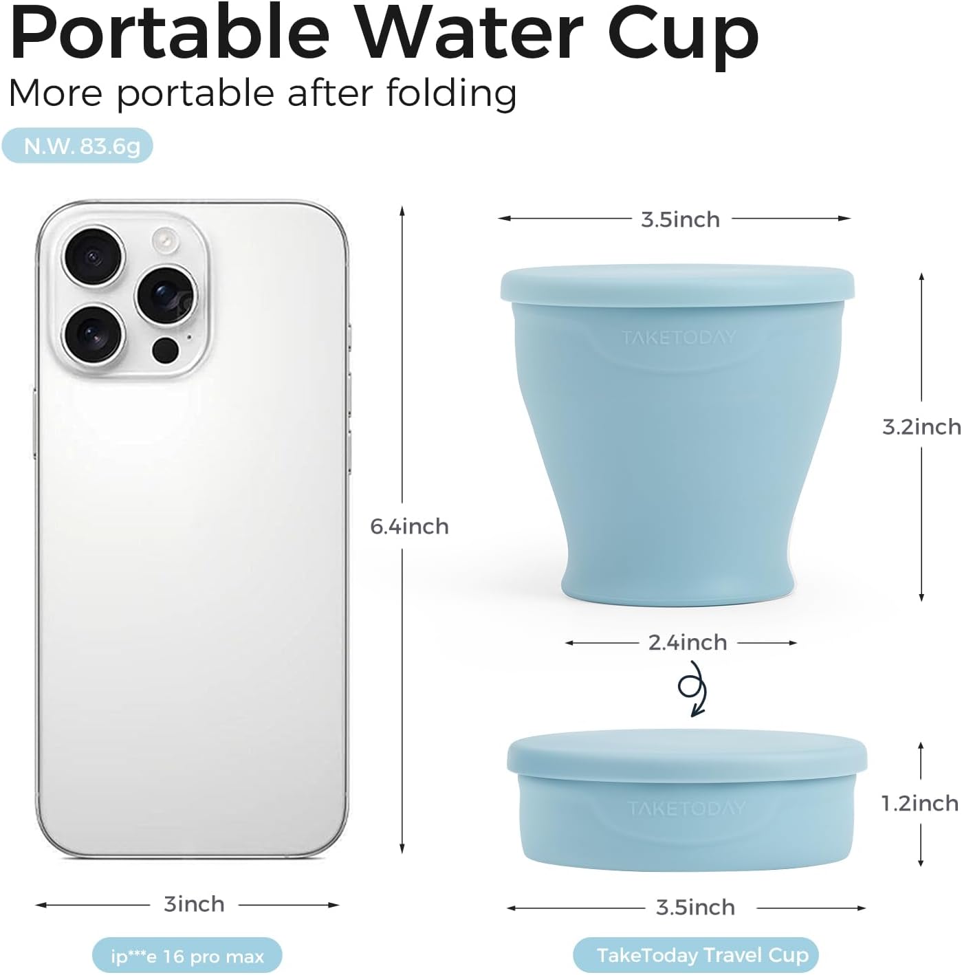 TakeToday Collapsible Travel Cup - Silicone Foldable Water Cup, BPA-Free with Lid & Waterproof Bag - Drinking Cup Set for Office, Camping & International Travel（8 Oz, Blue）