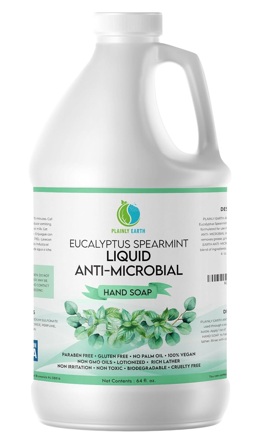 AntiMicrobial Hand Soap 64 oz - Eucalyptus Spearmint Gentle Liquid Hand Soap Refill Antibacterial - Moisturizing, Long Lasting Freshness & Safe for Skin