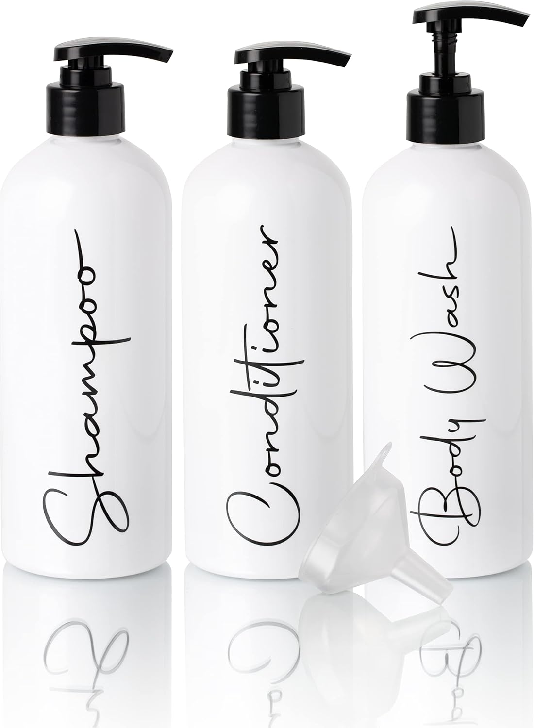 Alora 32oz Reusable Shampoo and Conditioner Bottles - Set of 3 - Easy to Read Labels - Pump Bottle Dispenser for Shampoo, Conditioner, Body Wash - Empty Plastic Refillable Containers for Shower