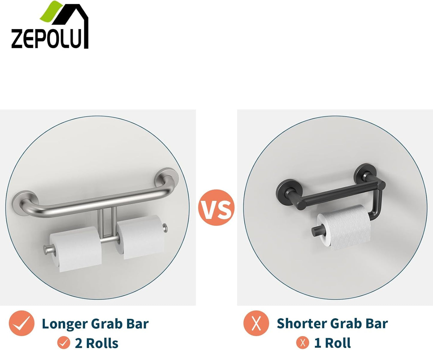 Brushed Nickel Handicap Grab Bar w/Toilet Paper Roll Holder, Zepolu 2-in-1 Safety Assist Bar Balanced Support Handle 17 Inch, Stainless Steel Wall Mounted Bathroom Toilet Grab Bar for Senior Elderly