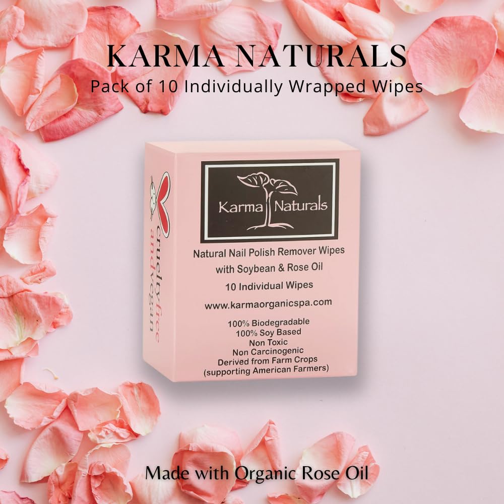 Karma Organic Natural Nail Polish Remover Wipes with Soybean and Rose Oil, 100% Soy Based, Non-Toxic, Vegan, Cruelty-Free – Pack of 10